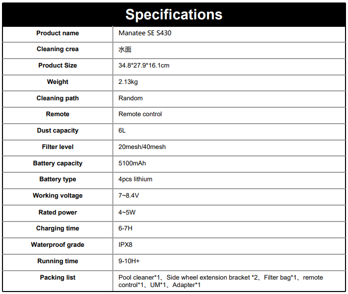 POOLMATEX0 Sepciffcations